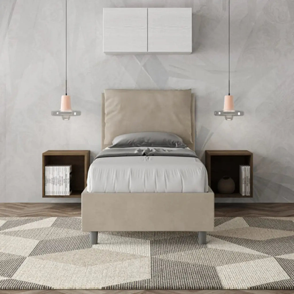 Letto singolo senza rete imbottito 80x190 microfibra sabbia Antea