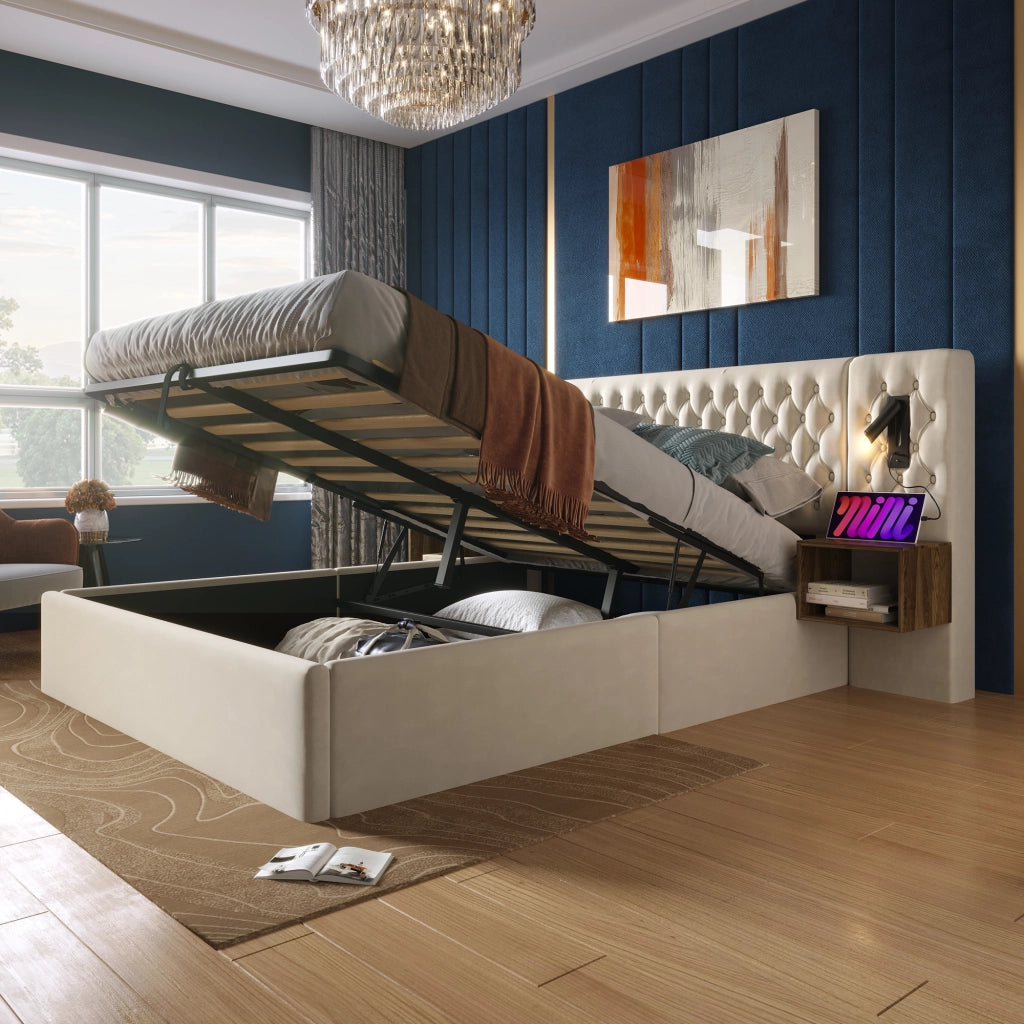 LETTO Contenitore 160x200 cm in Velluto Beige con 2 Comodini e Luci USB