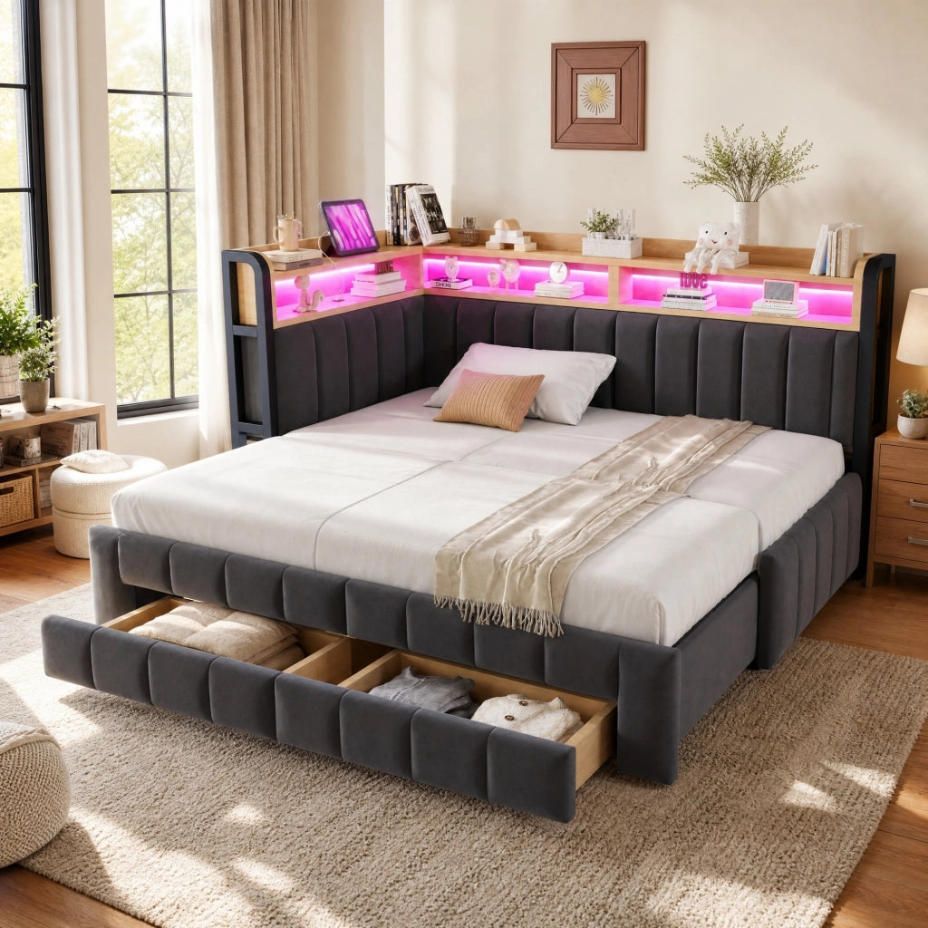 Divano letto imbottito 90x200 trasformabile 180x200, contenitori, cassetti, LED e USB/Type-C