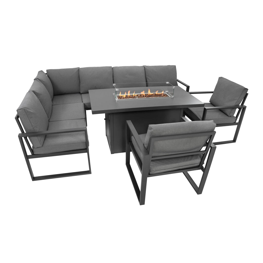 Set Giardino Alluminio 7 Posti Grigio Divano Sedie Tavolo Fire Pit