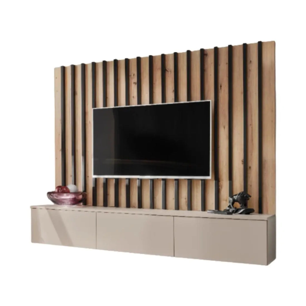 Composizione murale TASHYA – Mobile TV e pannello murale – Rovere Artisan e cachemire