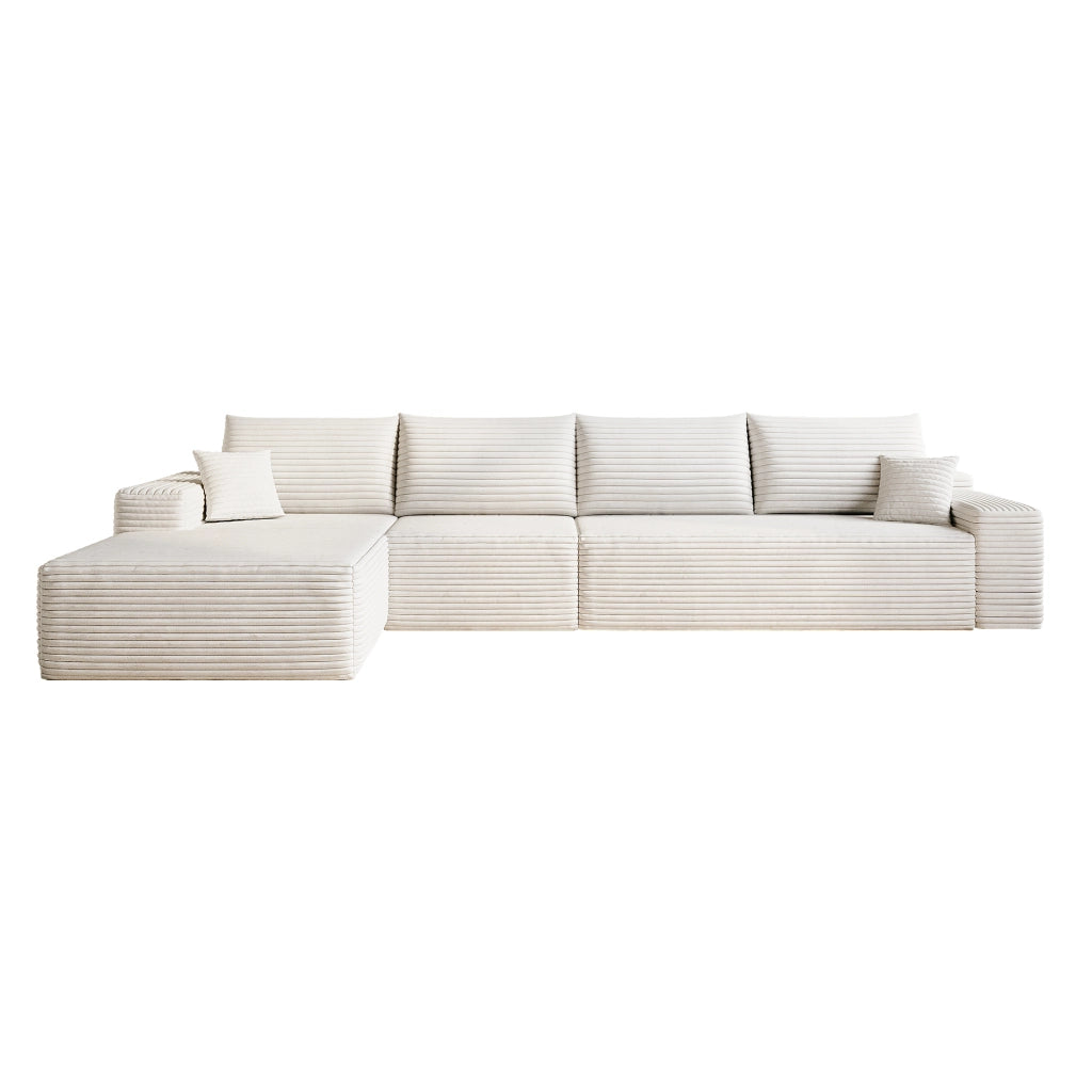Divano angolare con chaise longue in tessuto a coste bianco, senza attrezzi, per soggiorno 340 × 175 × 83 cm