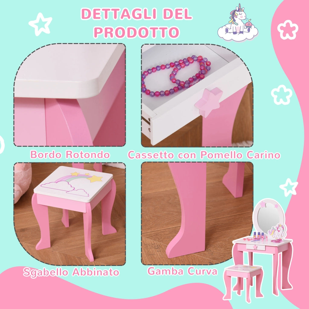 Specchiera Giocattolo con Cassetto e Sgabello Gioco Bambine 3-6 Anni