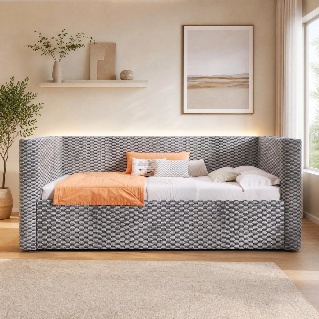 Divano letto 90x200 cm in velluto con contenitore idraulico e LED