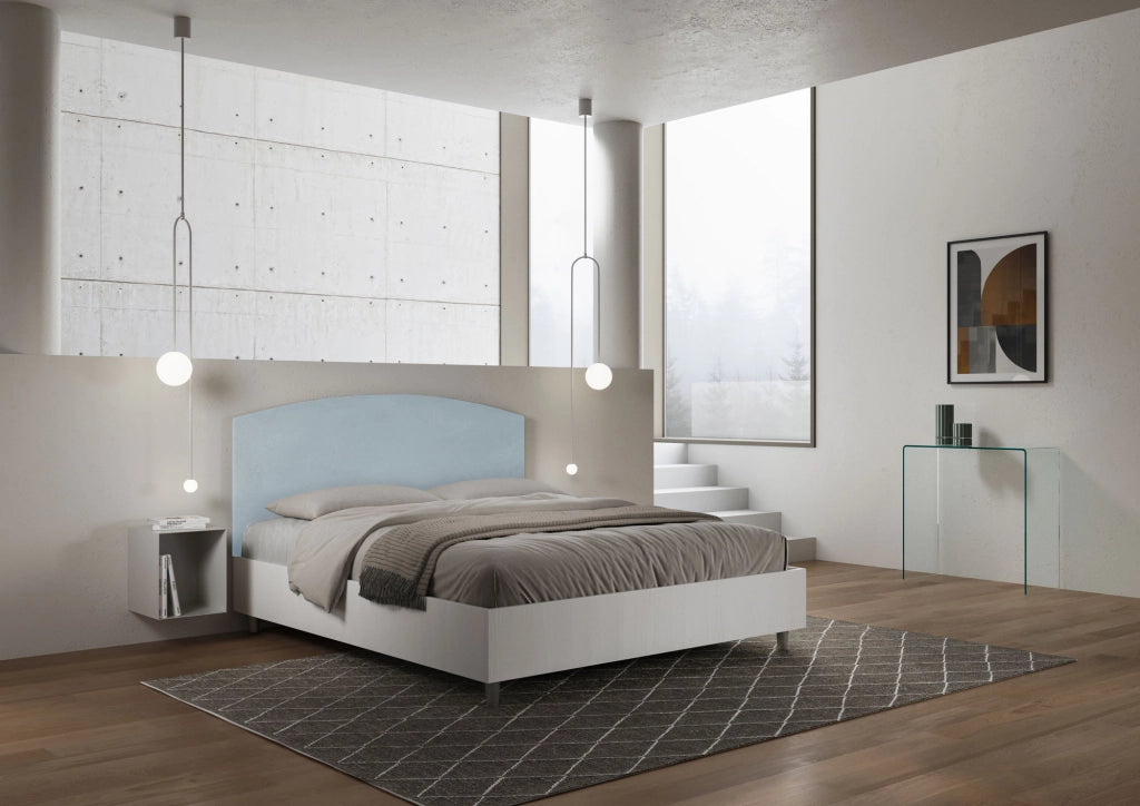 BS COM Letto matrimoniale senza rete 160x200 bianco frassino testata microfibra azzurro