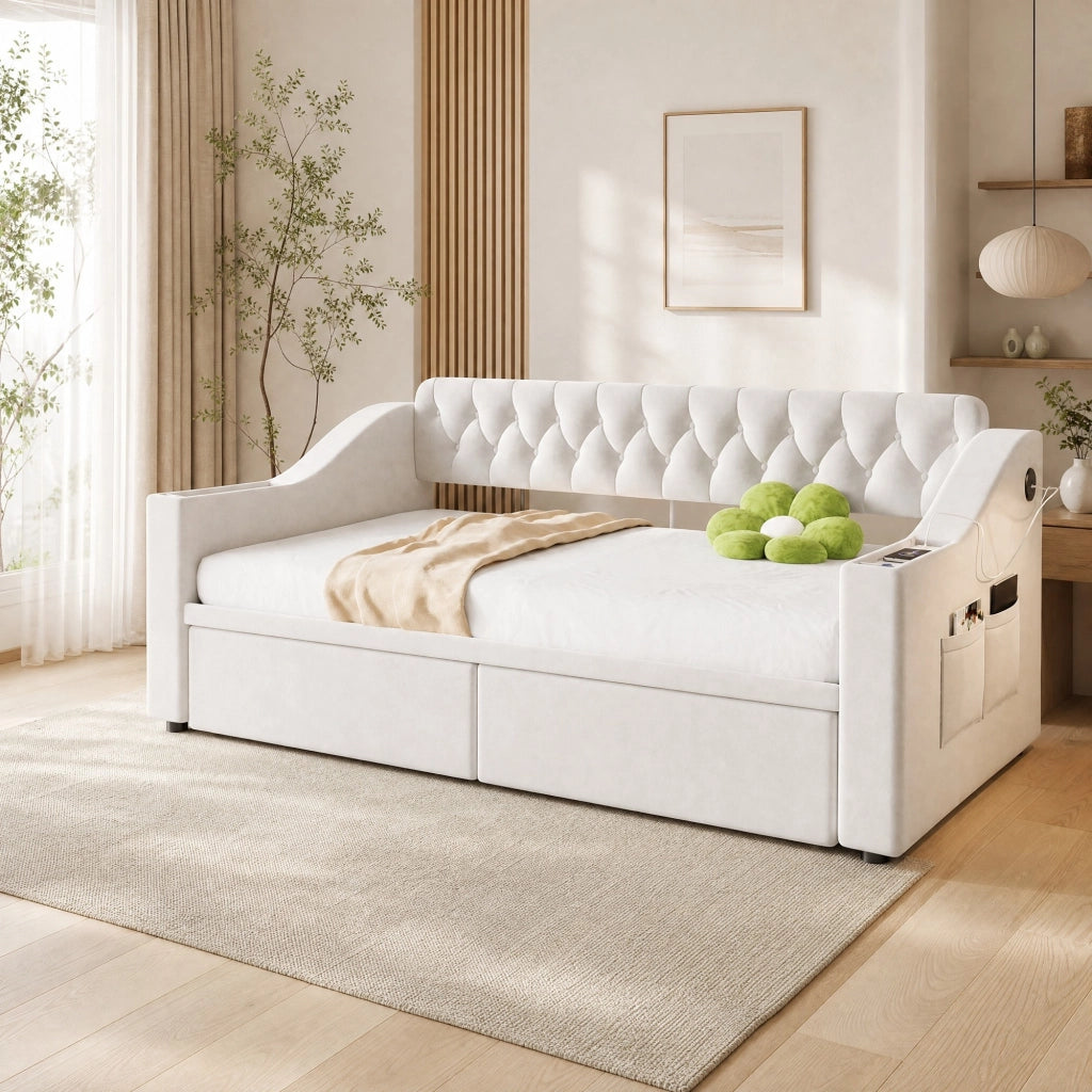 LETTO imbottito 90x190 cm in velluto beige con cassetti e vani laterali