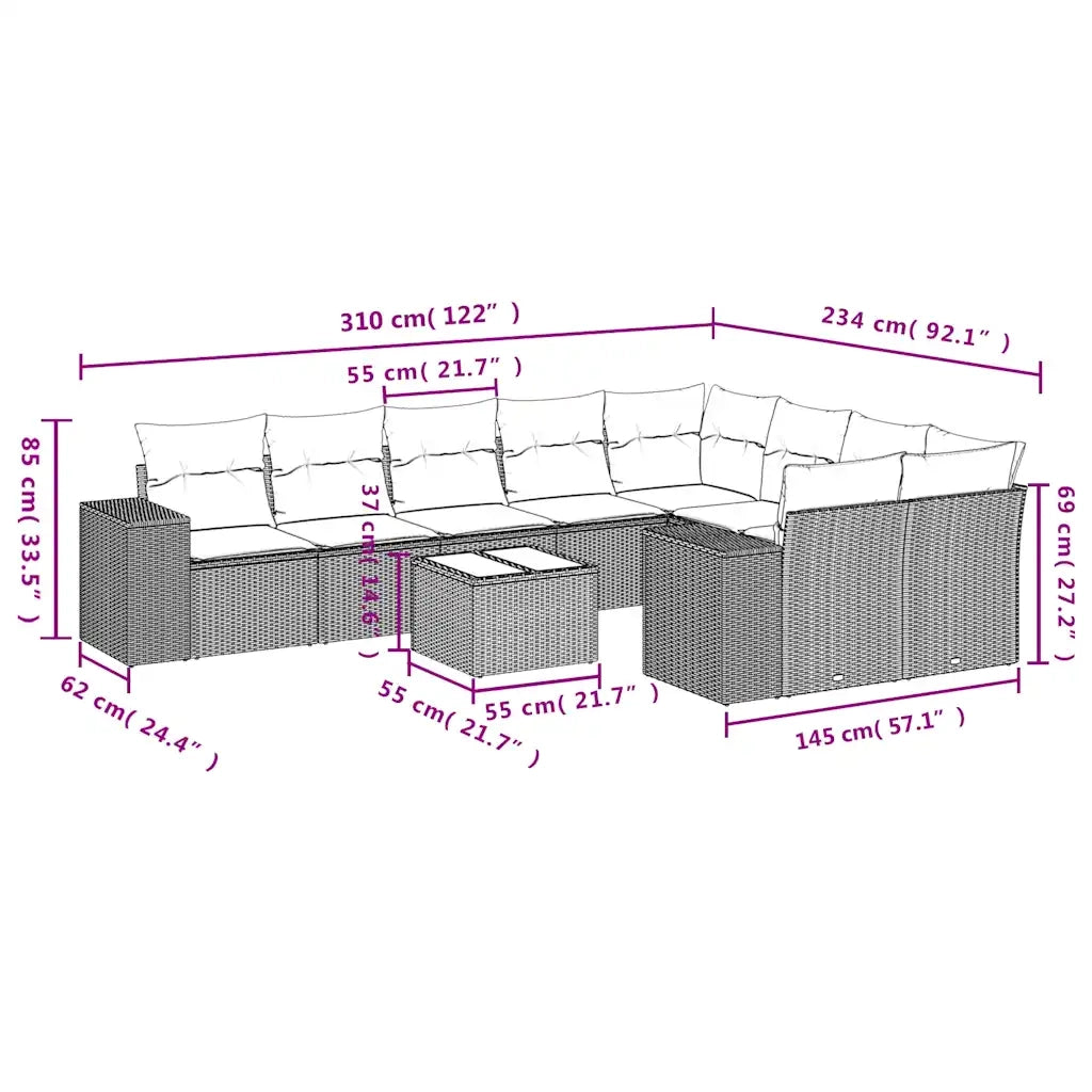 Set Divani da Giardino 10pz con Cuscini in Polyrattan Marrone 3255390