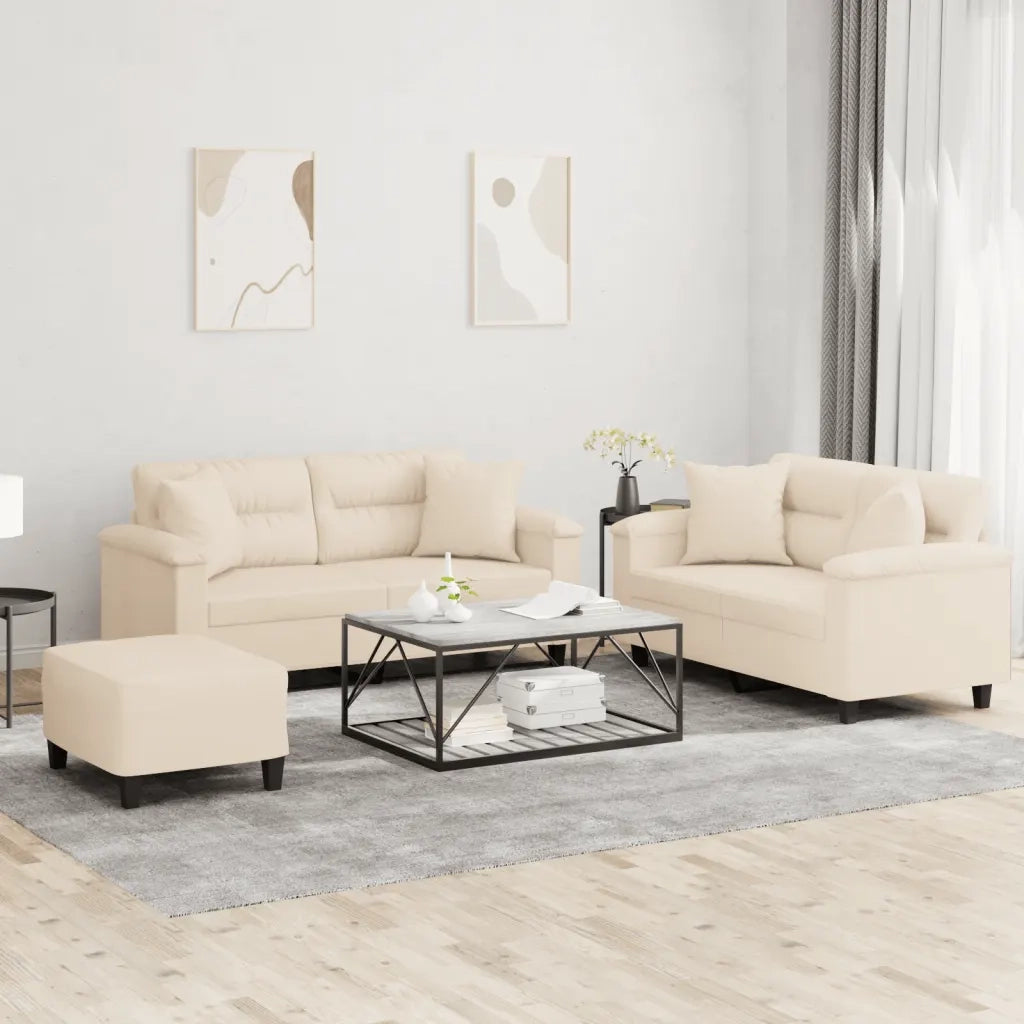 Set Divani 3 pz con Cuscini Beige in Tessuto Microfibra 3202337