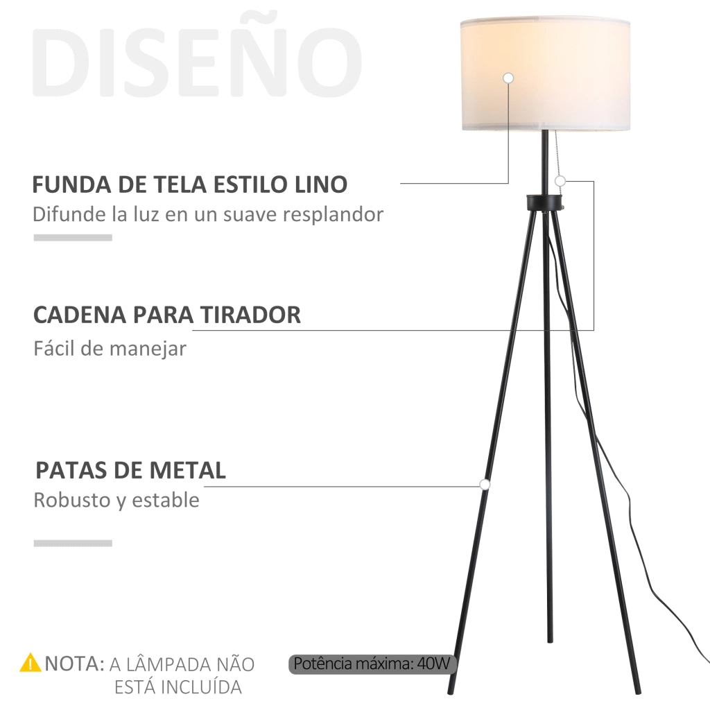Lampada da Terra con Tripode in Metallo e Paralume in Tessuto ¨C Minimal ¨C ?37x152 cm