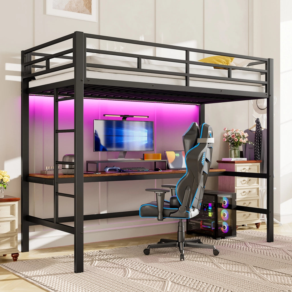 Letto a Soppalco con LED e USB ¨C MINIMAL ¨C Metallo Nero 90x200 cm