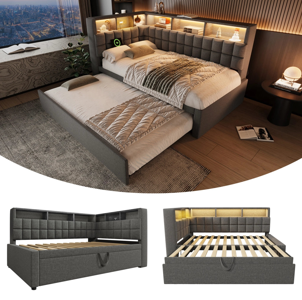 Letto imbottito con rete estraibile, LED, Bluetooth e porta USB/Type-C, grigio