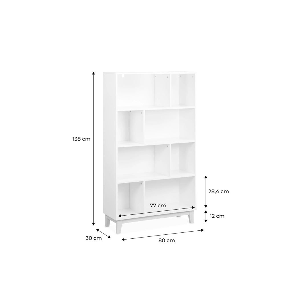 Libreria effetto legno con gambe in legno e 4 ripiani, bianco