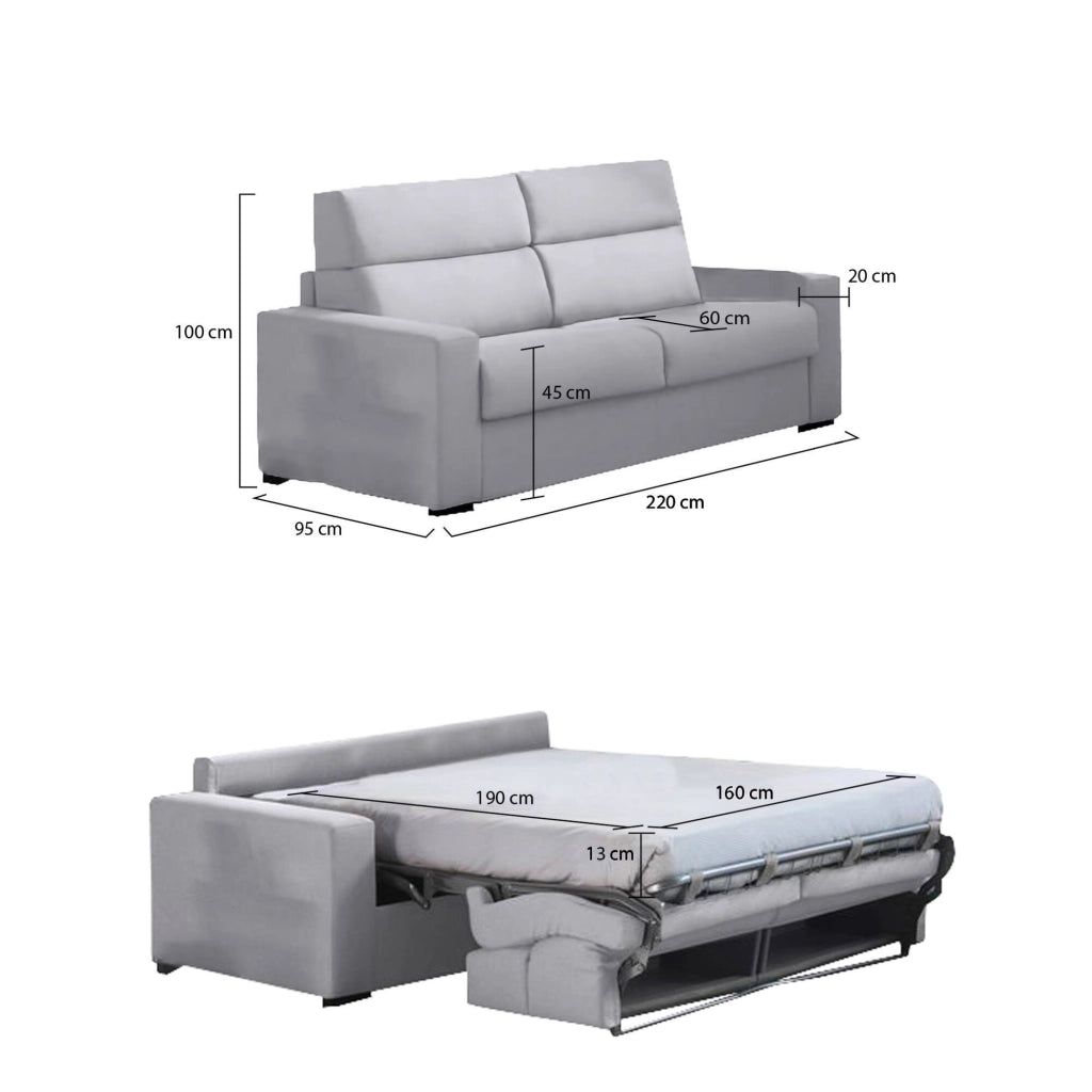 Marcon, Divano Letto 3 Posti Sfoderabile Made in Italy, 220x95 cm Grigio