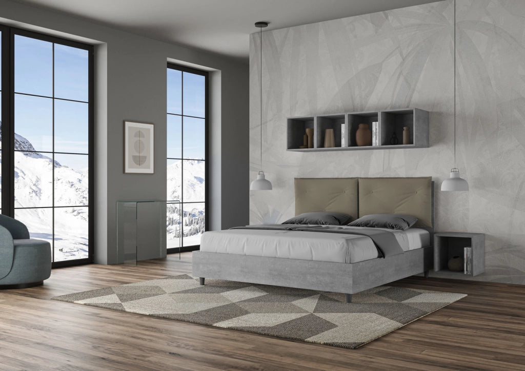 BS COM Letto matrimoniale con rete 160x190 Cemento cuscini similpelle cappuccino