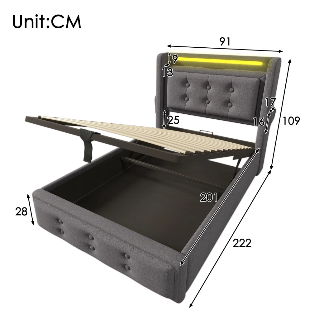 LETTO Imbottito 90x200 cm Grigio con LED e prese USB