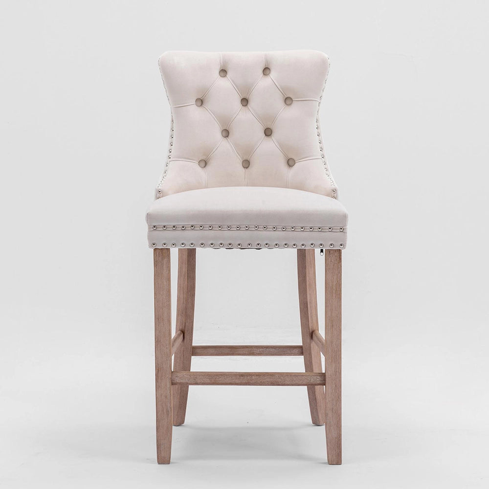 Set 2 sgabelli bar - Xylo - velluto beige gambe legno con borchie