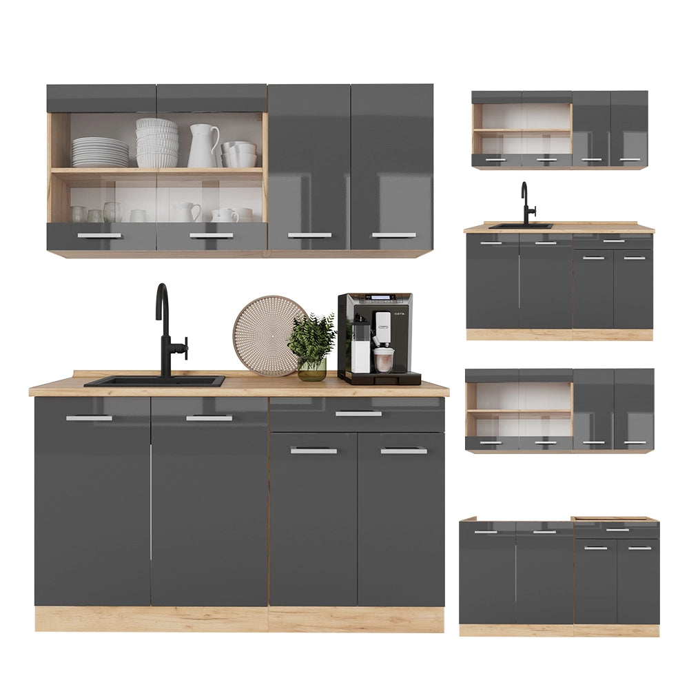 Vicco Cucina monoblocco Antracite lucido/oro power oak 140 cm , PL Antracite