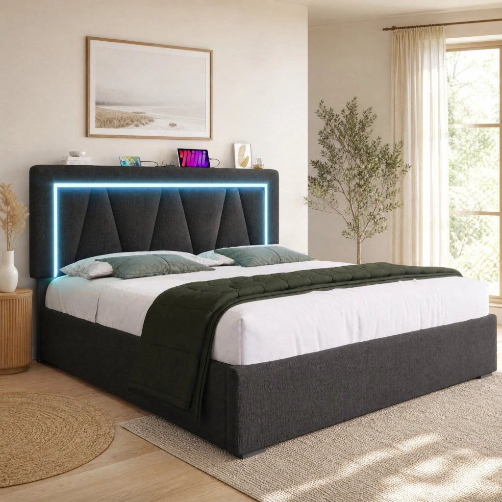 LETTO imbottito 140x200 cm in lino grigio con LED e USB Type-C