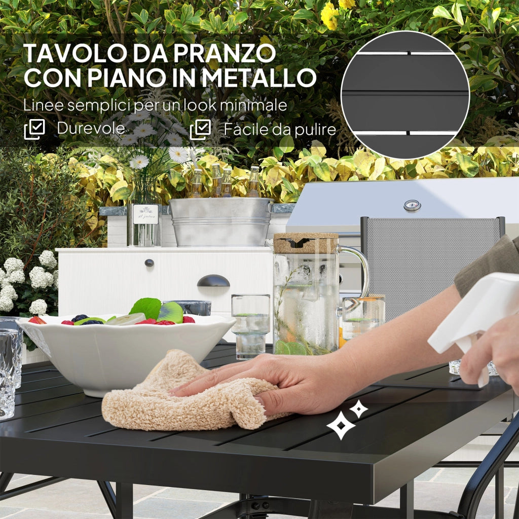 Set Salotto da Giardino 7 Pezzi con Tavolo da Pranzo con Foro per Ombrellone e 6 Sedie Pieghevoli Grigio