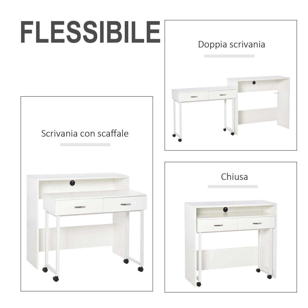 Scrivania con Cassetti e Ruote 100x36x88 cm in Metallo e MDF Bianca