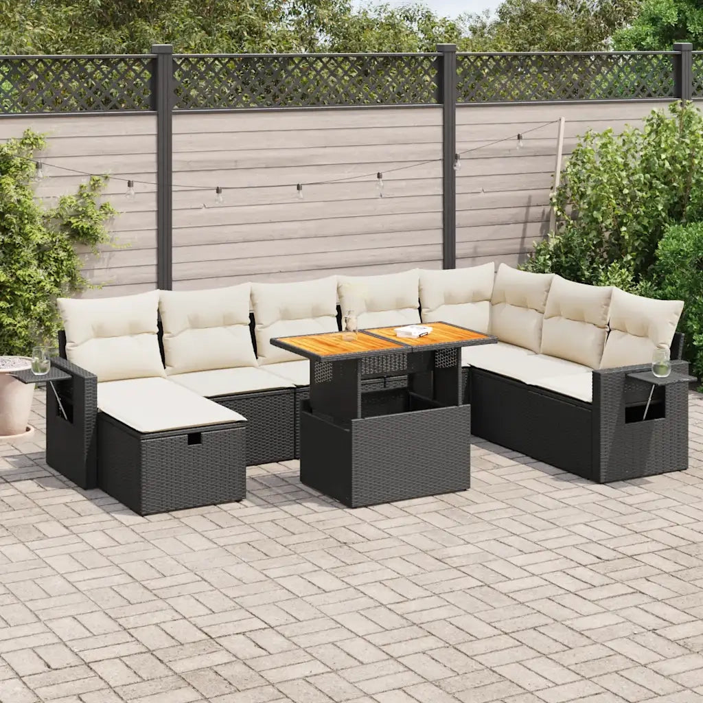 Set Divani da Giardino 9 pz con Cuscini Nero Polyrattan Acacia 3328043