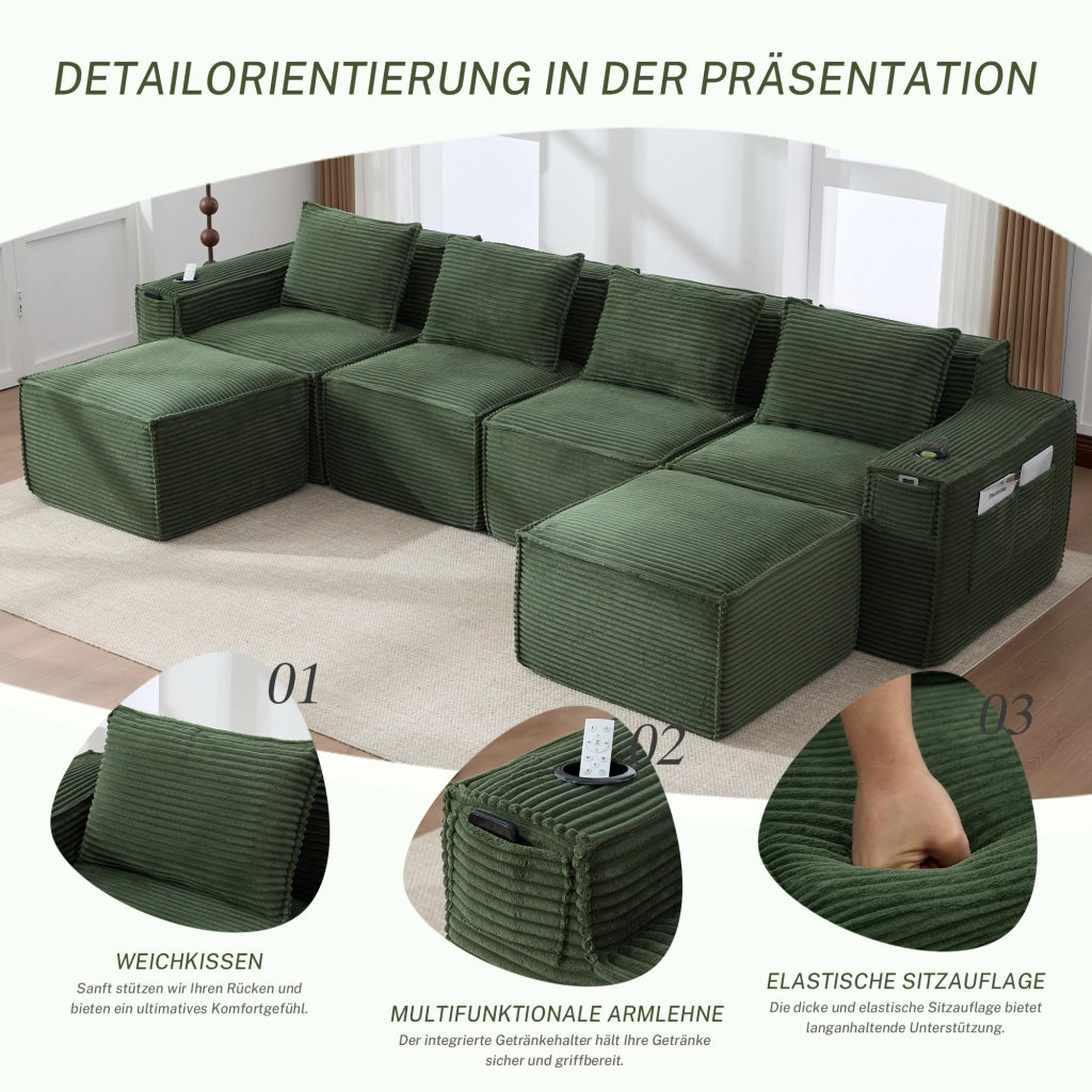 Divano modulare 4 posti con portabicchieri e tasche laterali in velluto a coste verde