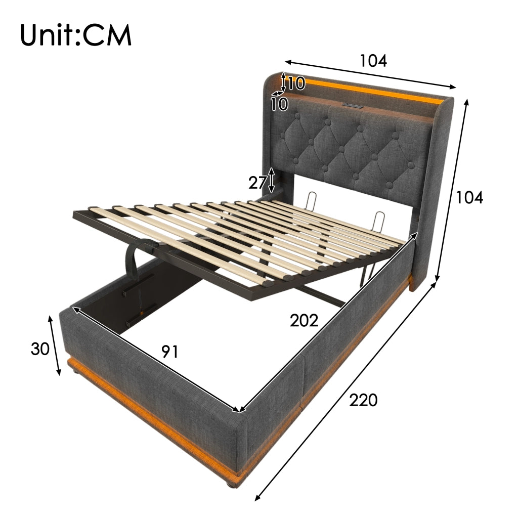 LETTO 90x200 cm in lino grigio con LED, USB Type-C e testiera imbottita
