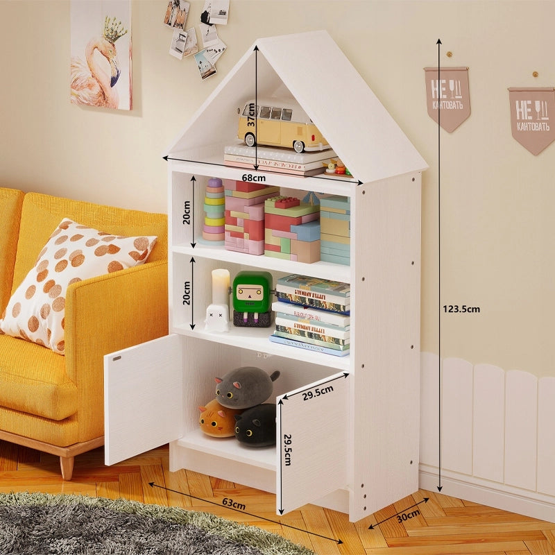 Scaffale a forma di casetta per bambini, ideale per bambole e libri,