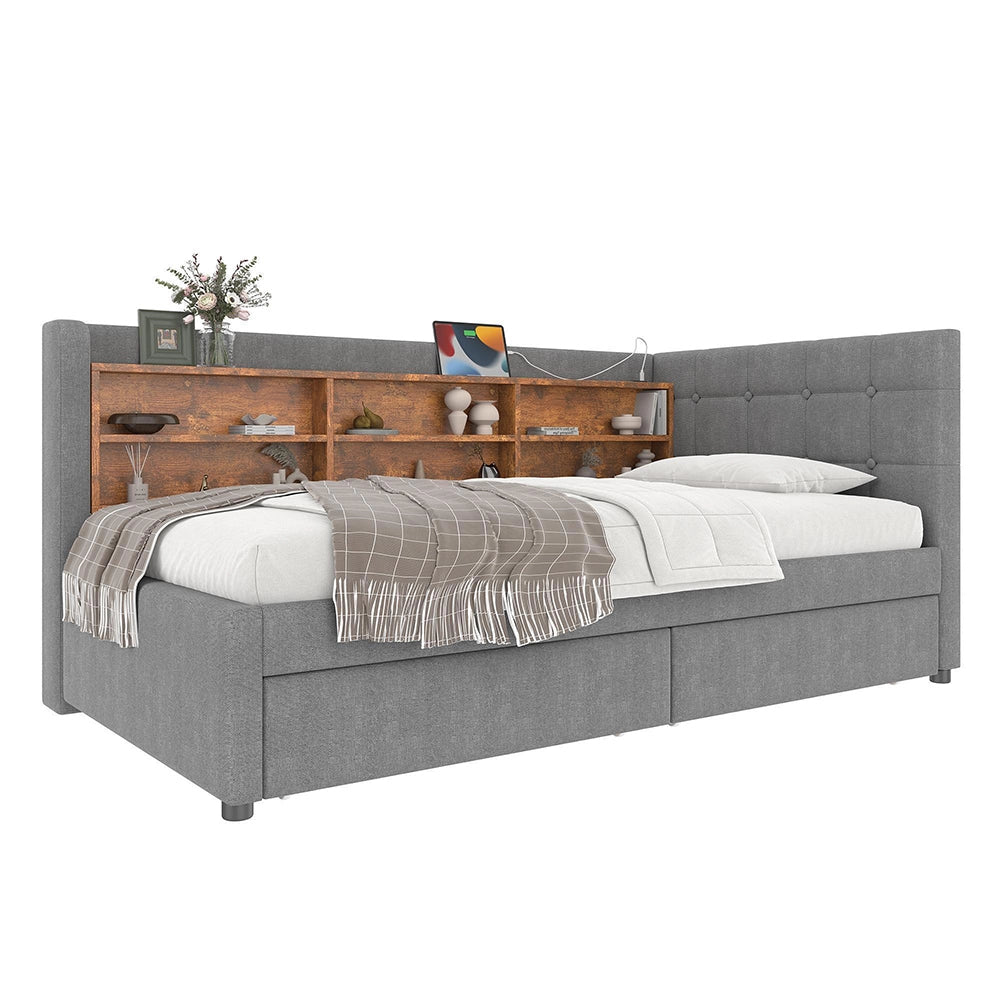 Divano letto 90x200cm?- Xylo - 2 cassetti USB-C lino grigio