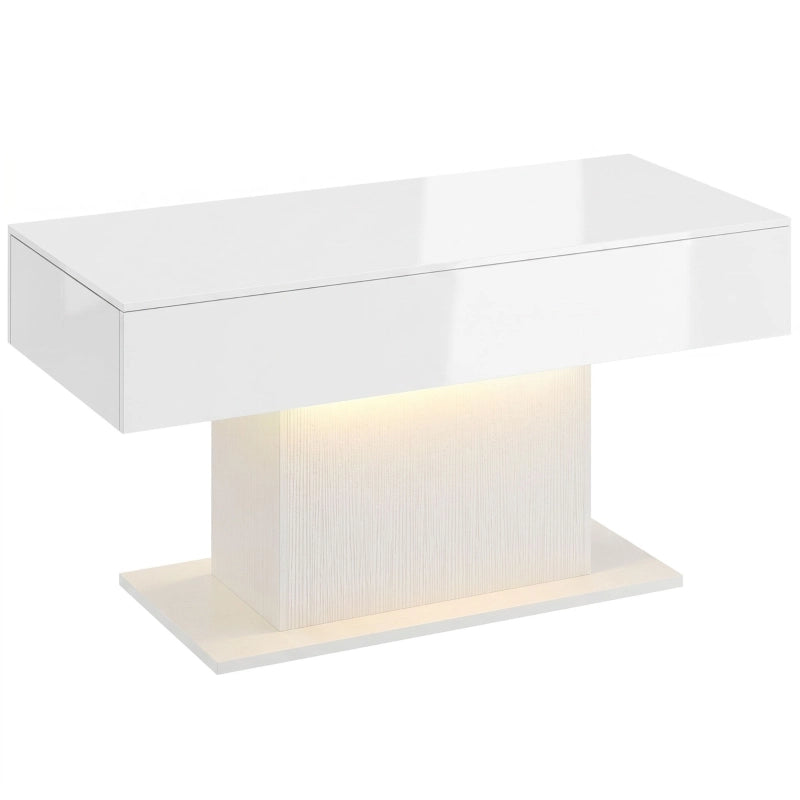 Tavolino da salotto con 2 cassetti nascosti e LED RGB; finitura lucida; per soggiorno; in legno; bianco