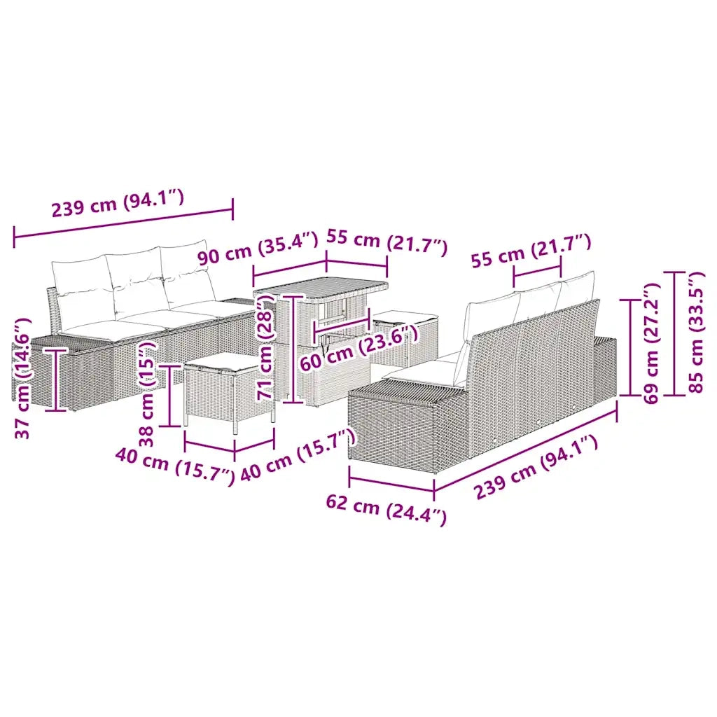 Set Divano da Giardino con cuscino 9 pcs Beige polyrattan 3362742