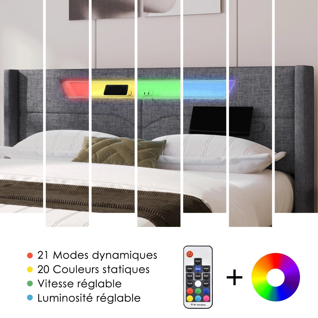 LETTO imbottito 160x200 cm in tessuto grigio con LED e porte USB Type C