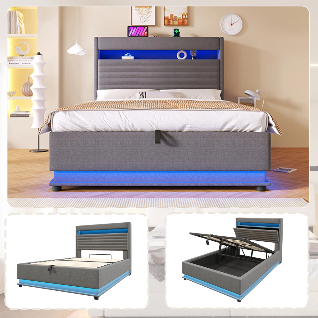 LETTO Contenitore 140x200 cm in lino grigio con LED e USB-C