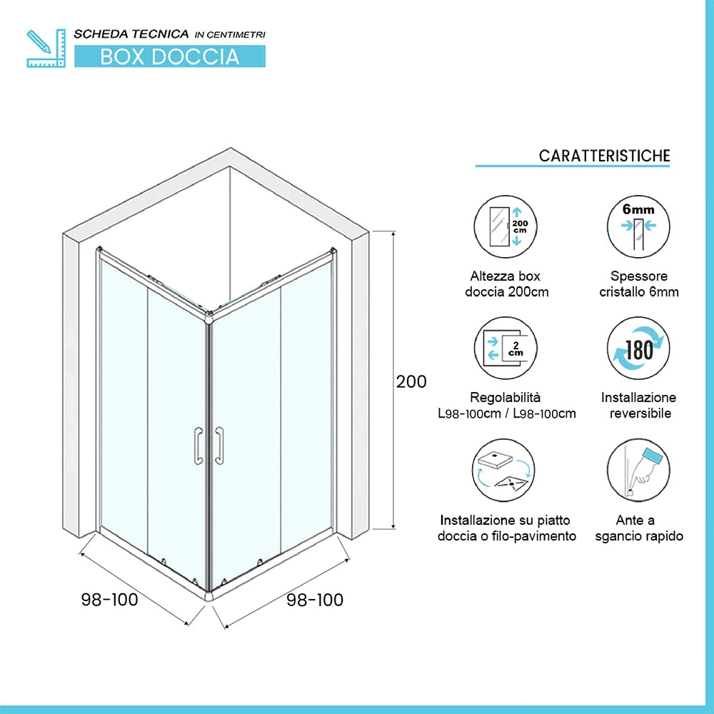 Box doccia 100x100 doppio scorrevole h 200 vetro trasparente Ted