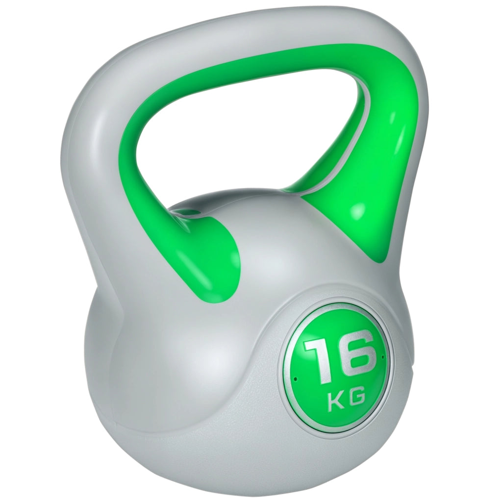 Kettlebell 16kg ¨C Xylo ¨C PU e Sabbia, Base Piatta, Impugnatura, 27x17x31cm, Verde