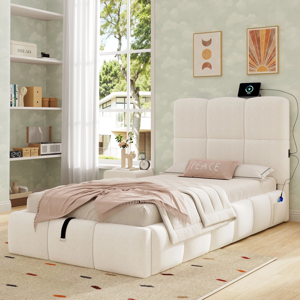 Letto imbottito 90 x 200 cm, letto per bambini, con vano portaoggetti, presa di ricarica USB, velluto, beige