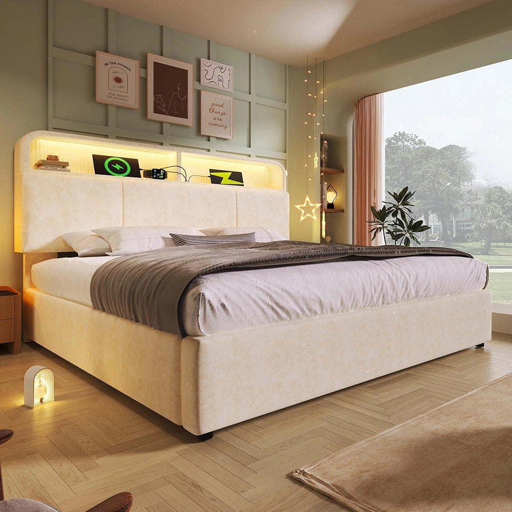 Letto 140x200cm?- Xylo - idraulico LED USB velluto beige