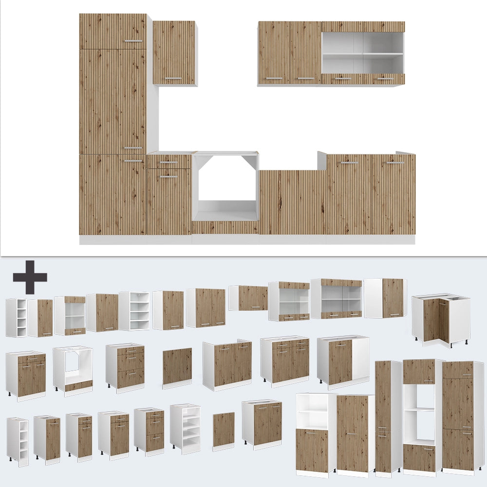 Cucina componibile R-Line Rovere artigianale/Bianco 300 cm, PL Marmo Vicco