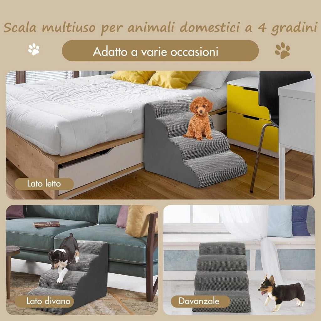Rampa per Cani con 4 Scalini in Schiuma
Scala per Animali con Copertura Lavabile con Cerniera, Ideale per Animali Piccoli, Anziani e Feriti, 41x72x51cm, Portata 30kg