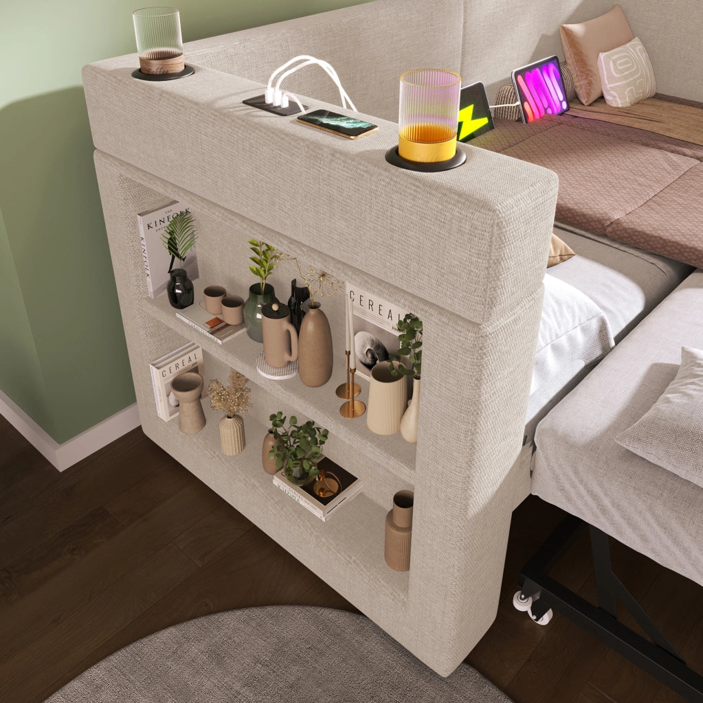 Divano letto con letto estraibile 90x200 cm; cotone e lino beige; USB e Type-C