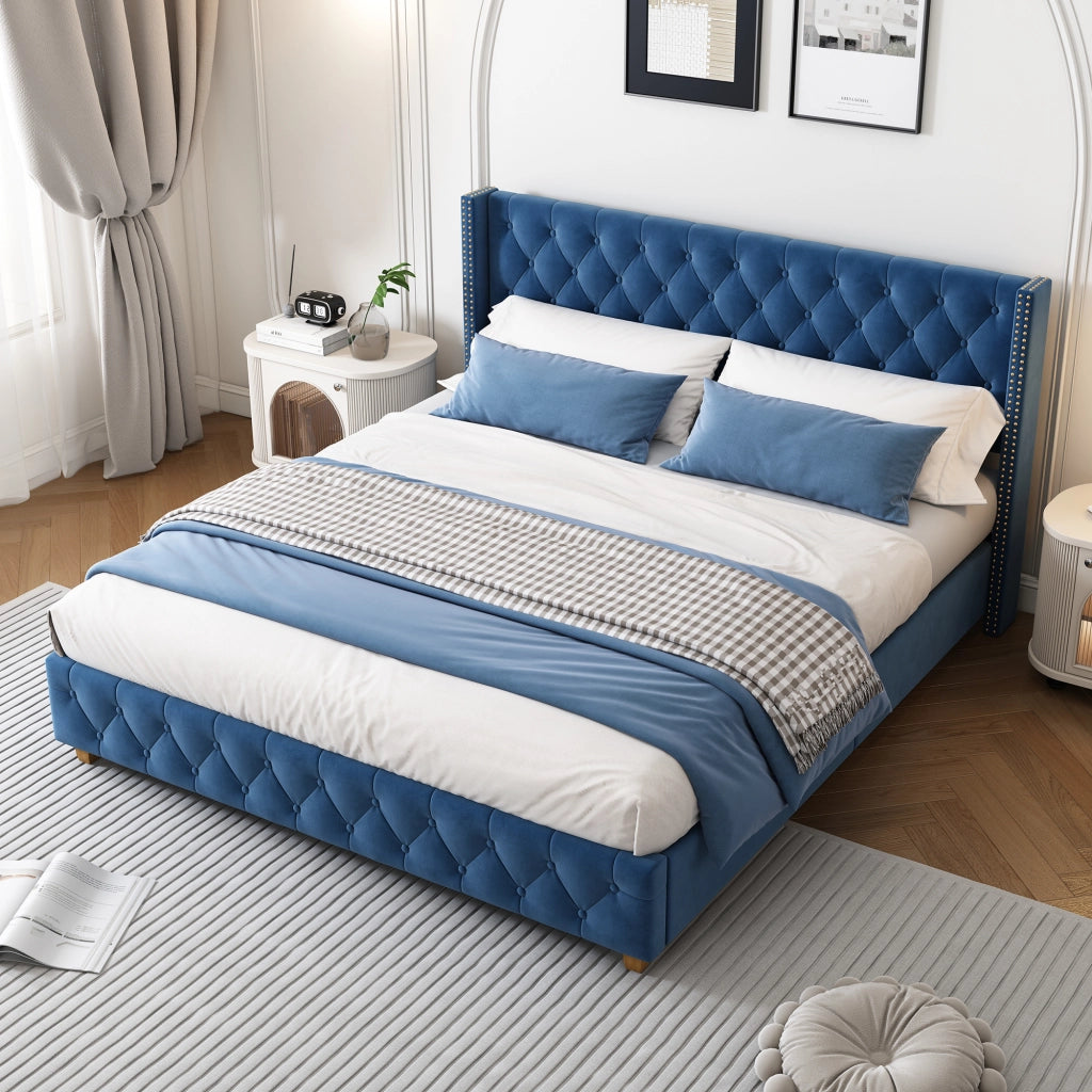 letto imbottito velluto blu 160 x 200 cm