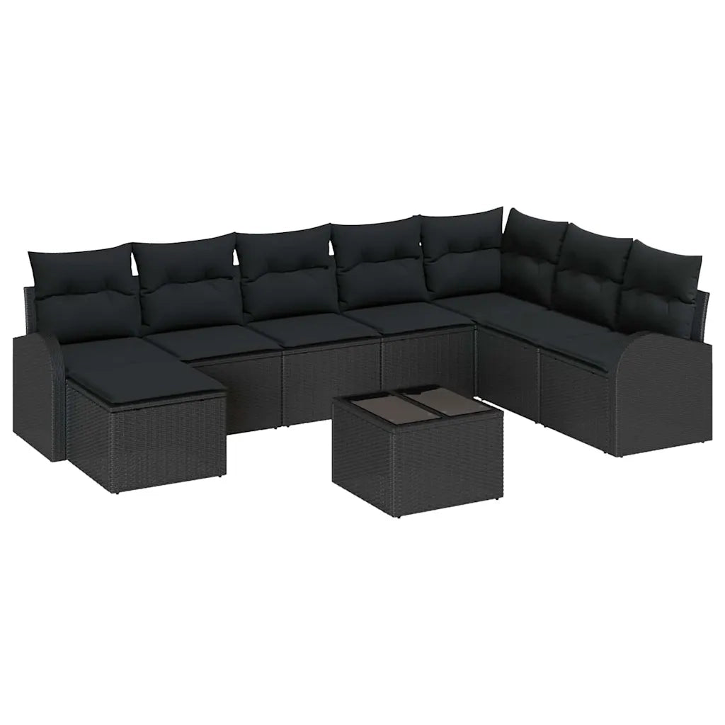 Set Divano da Giardino con cuscino 9 pcs Nero Poly Rattan
