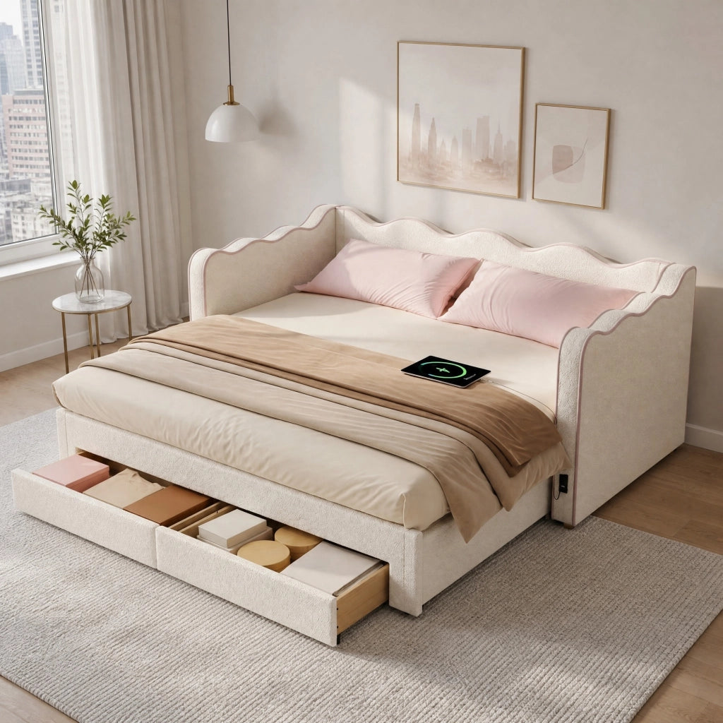Letto daybed estraibile 90x200 cm con cassetti; USB e Type-C; bouclé beige