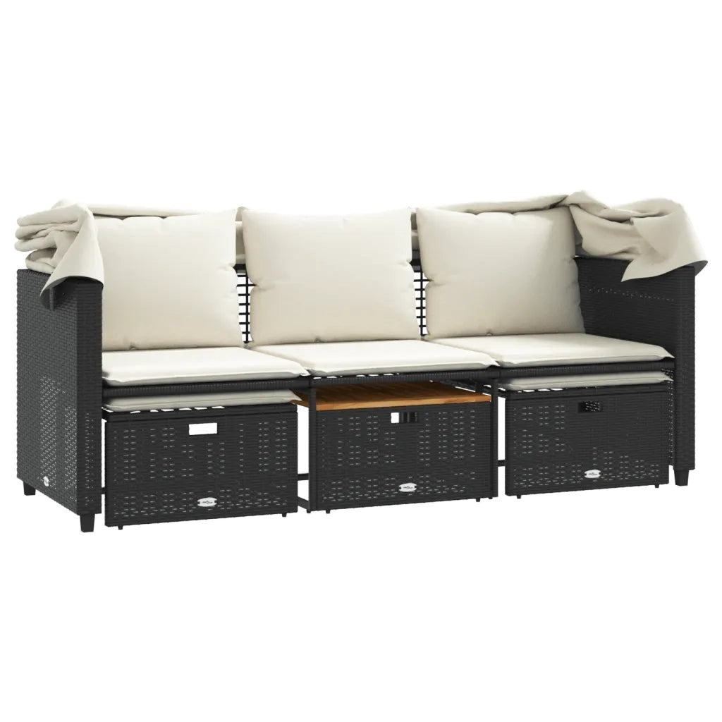 Divano Giardino 3 Posti Baldacchino e Sgabelli-Sofa da Giardino-Divanetto da esterno Nero Polyrattan
