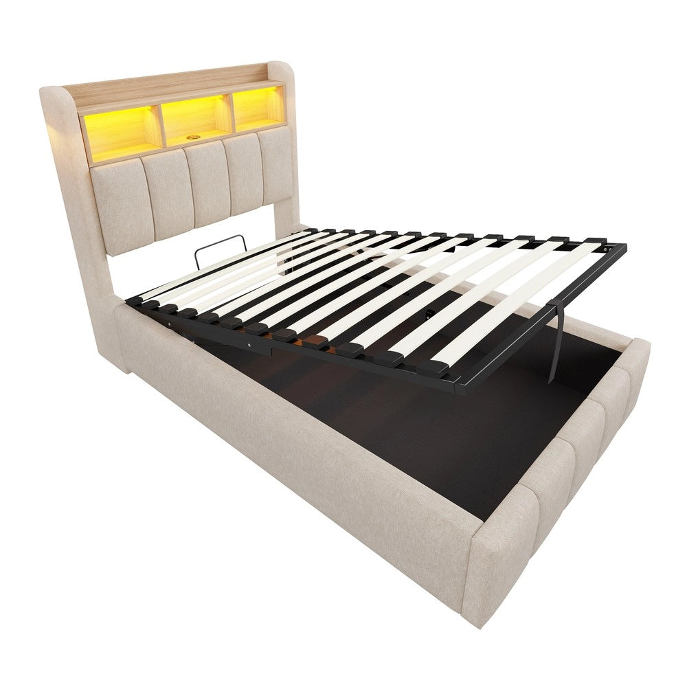 Letto Imbottito Singolo con LED, USB e Contenitore Idraulico ¨C MINIMAL ¨C Lino Beige 90x200