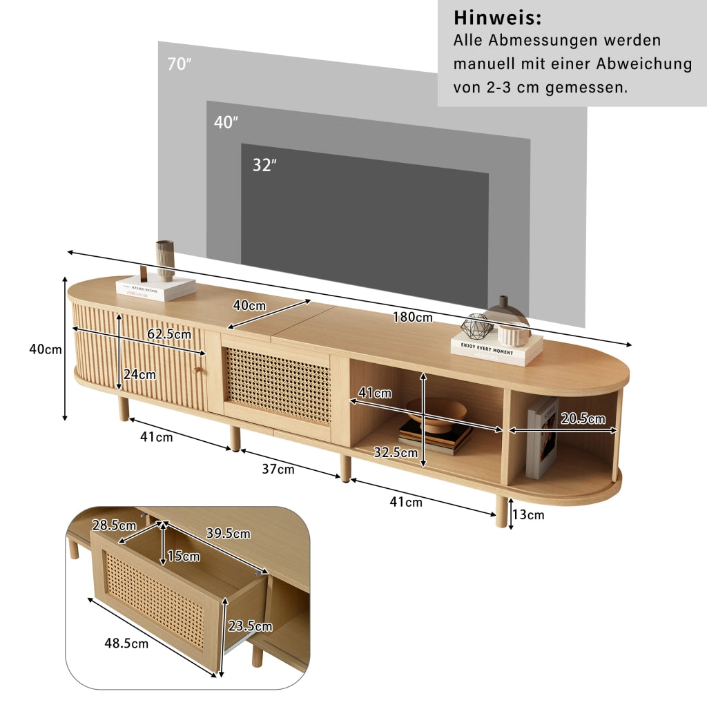 Mobile TV con 2 ante scorrevoli; cassetto e piano ovale in MDF naturale per soggiorno 180 × 40 × 40 cm