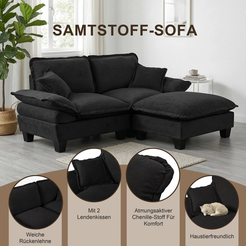 Divano Angolare Modulare 2 Pouf 2 Cuscini in Chenille Nero 194 × 151 × 90 cm