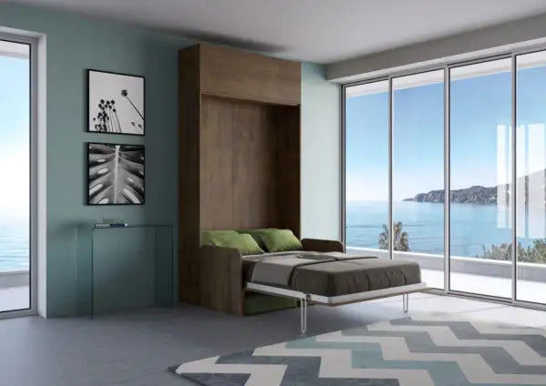 Letto una piazza e mezzo a scomparsa 120 Kentaro con divano e pensile  noce, verde
