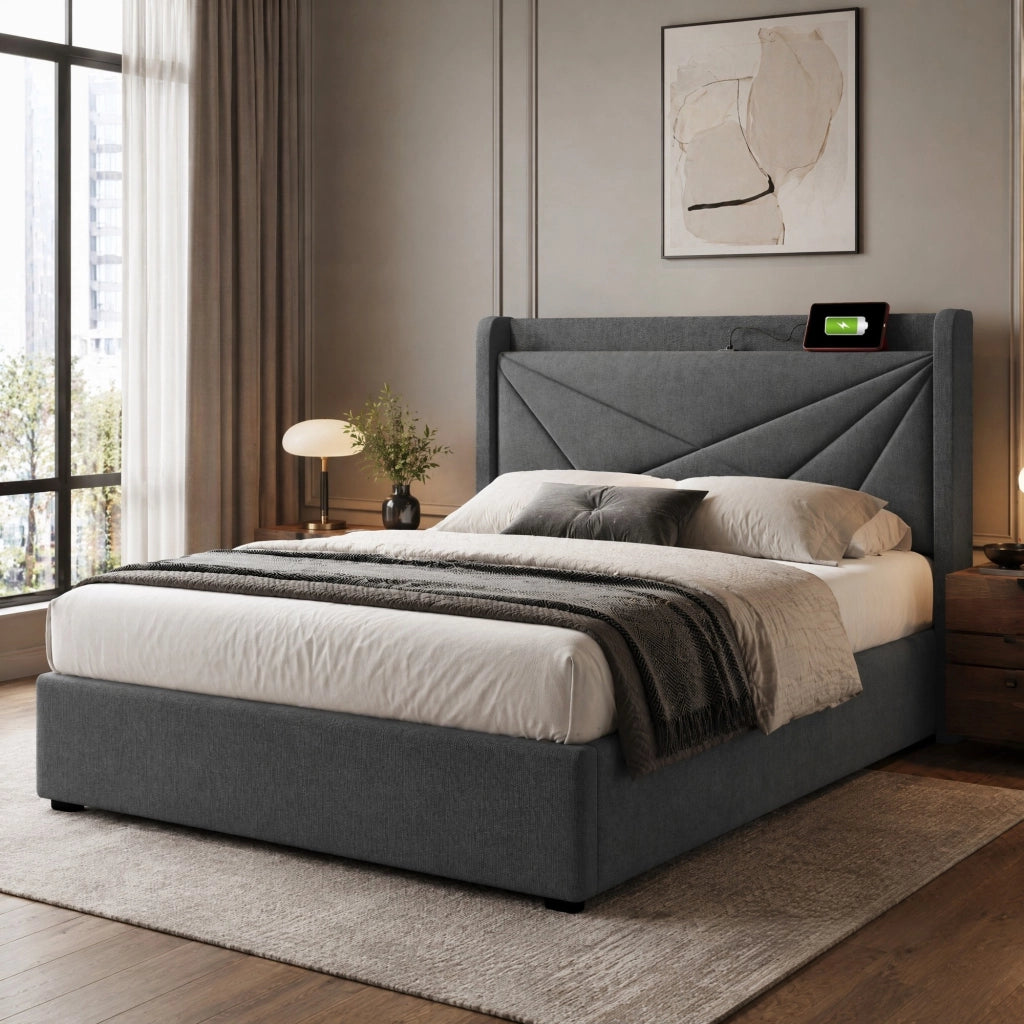 LETTO Singolo Contenitore 90x200 cm Grigio in Cotone-Lino con USB e Type-C