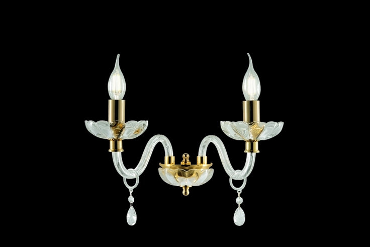 APPLIQUE BRIGIDA/2 CRISTALLO E ORO 2 LUCI ATTACCO E14 L.35CM